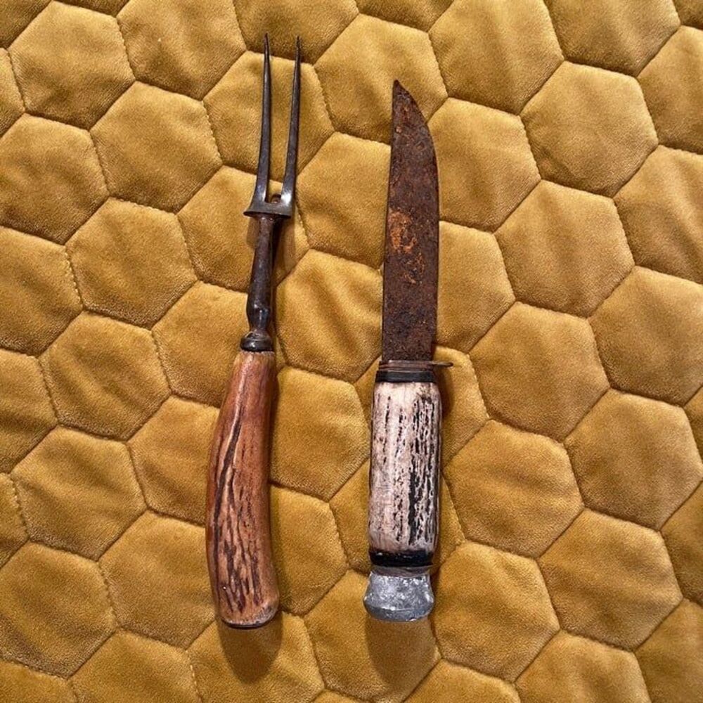 Vintage antler handled carving fork and knife